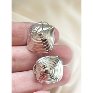 Vintage Silver Tone Square Dome Ripple Clip On Earrings